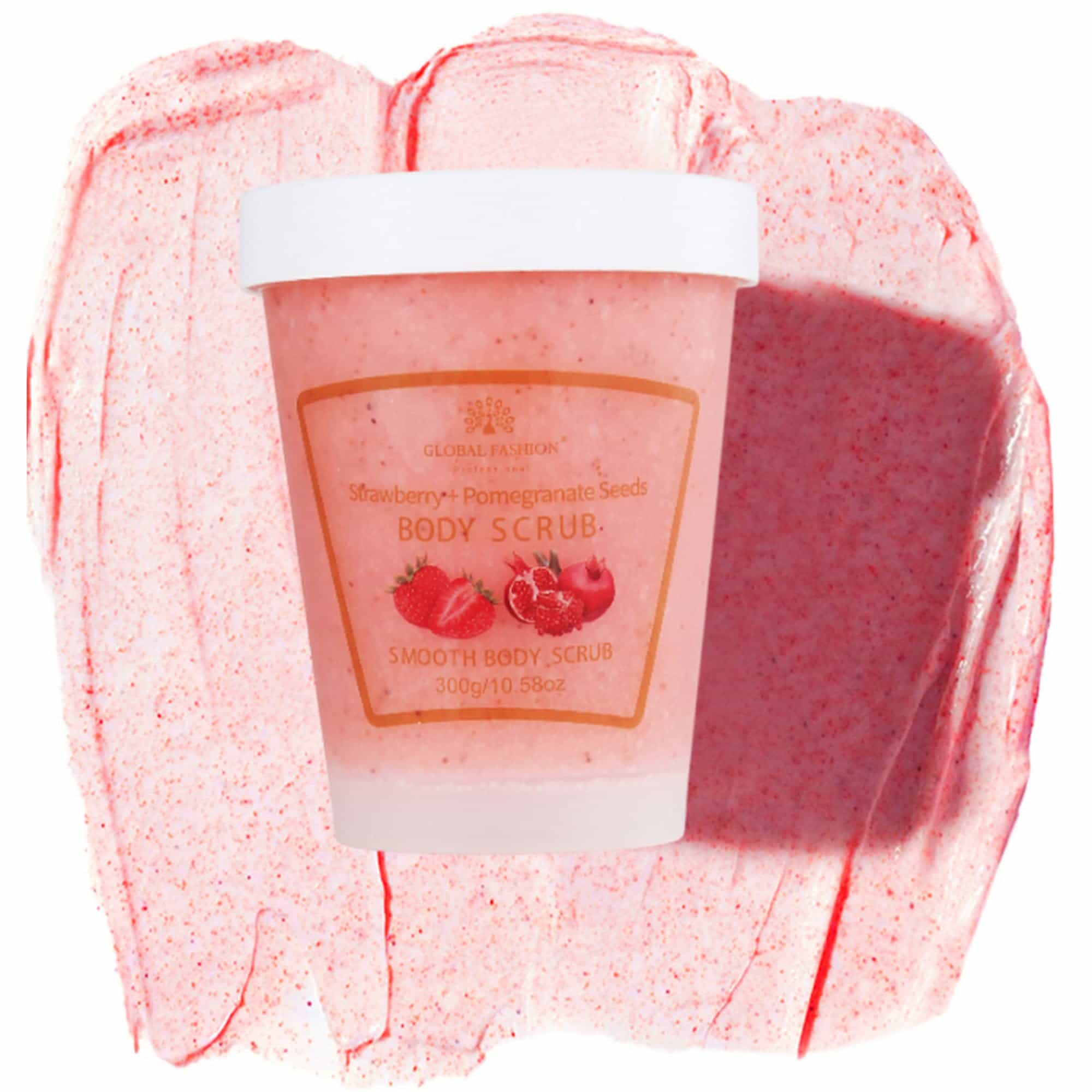 Global Fashion Smooth Body Scrub - Natural Exfoliating & Moisturizing Body Scrub with Collagen & Vitamin E – Deep-Cleansing, Nourishing & Brightening Skin (300 g, Strawberry + Pome)