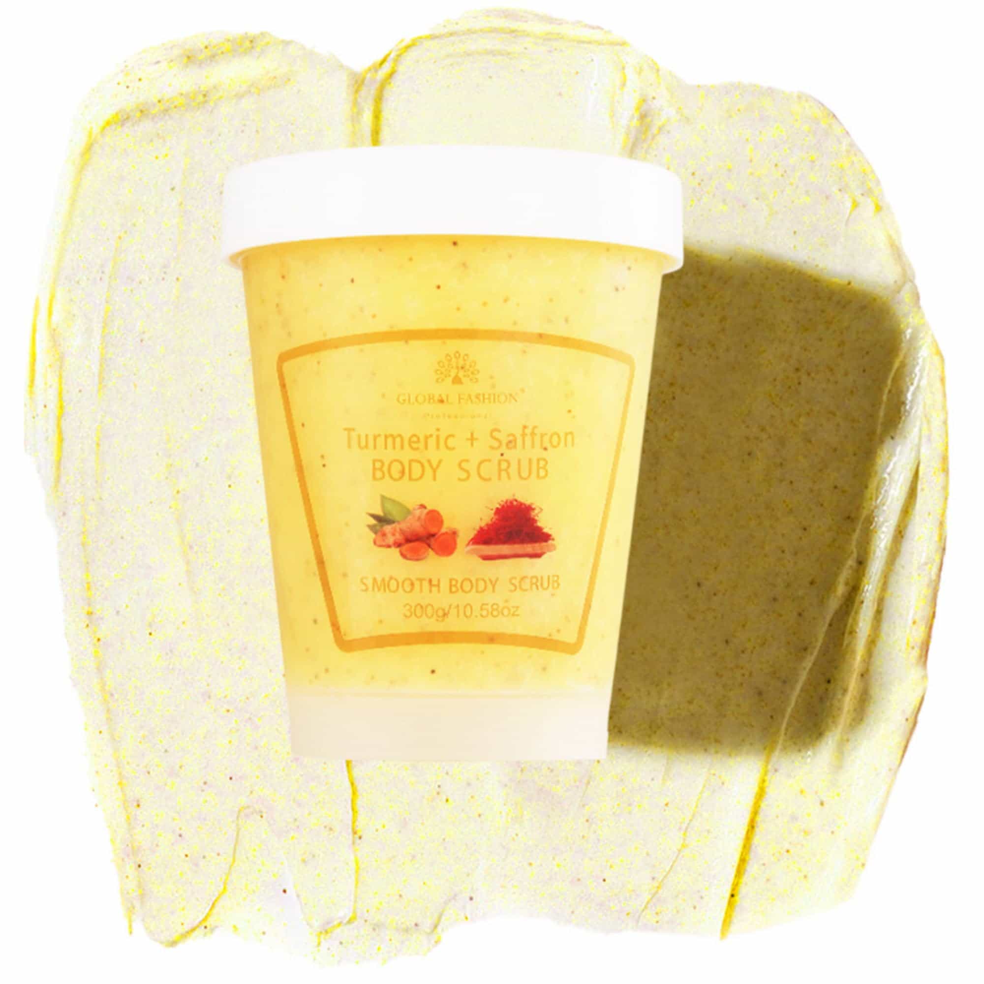 Global Fashion Smooth Body Scrub - Natural Exfoliating & Moisturizing Body Scrub with Collagen & Vitamin E – Deep-Cleansing, Nourishing & Brightening Skin (300 g, Turmeric + Saffro)