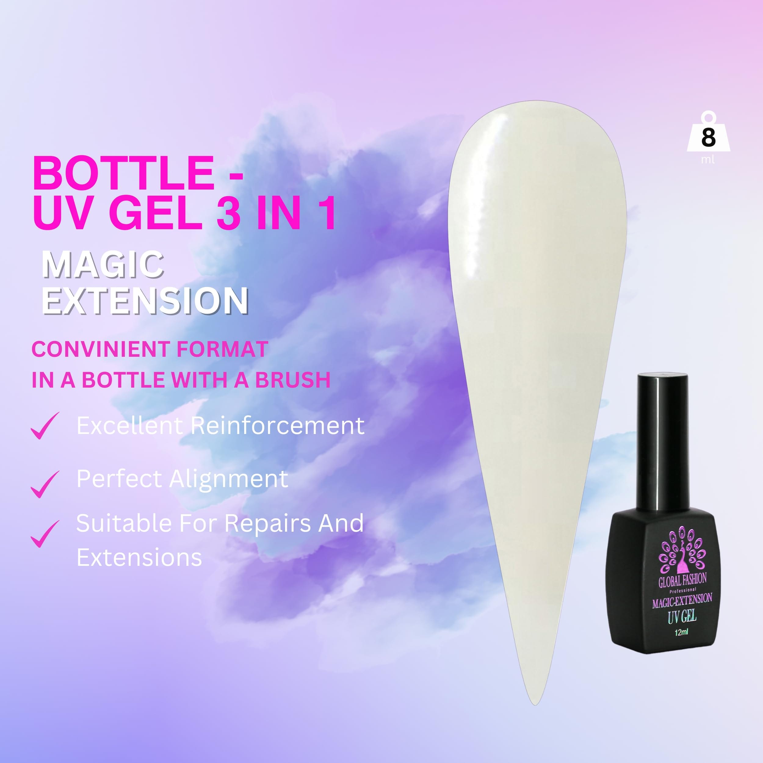 Global Fashion Magic Extension UV Gel -12ml Self-Leveling Builder for Nail Extensions, French Manicure Base, Hard Gel Formula, Long-Lasting, Professional Use, Soak Off, UV/LED Cura