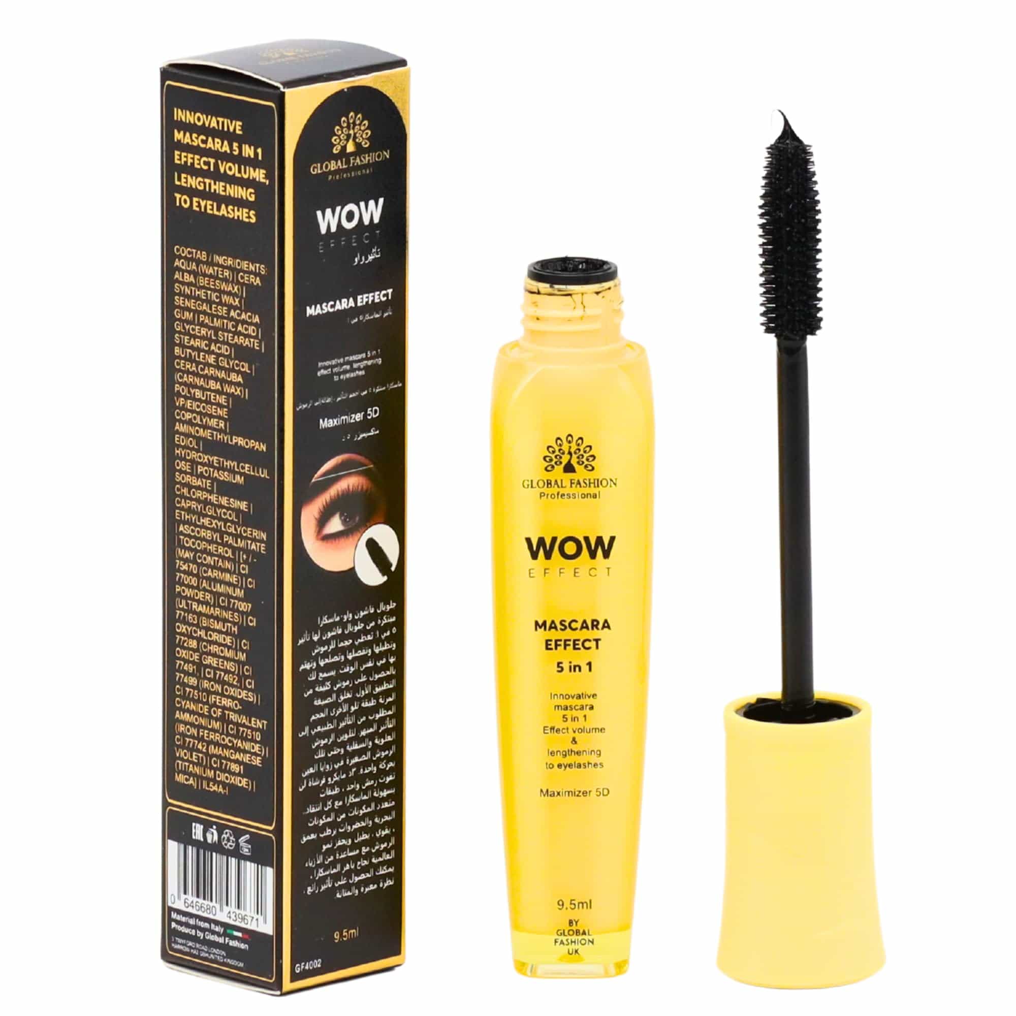 Global Fashion WOW Effect Maximizer 5D – 5-in-1 Volumizing & Lengthening Mascara, Deep Black Precision Curl & Separation, Lash-Care Formula, Smudge-Proof, Clump-Free, 9.5 ml (Masca)
