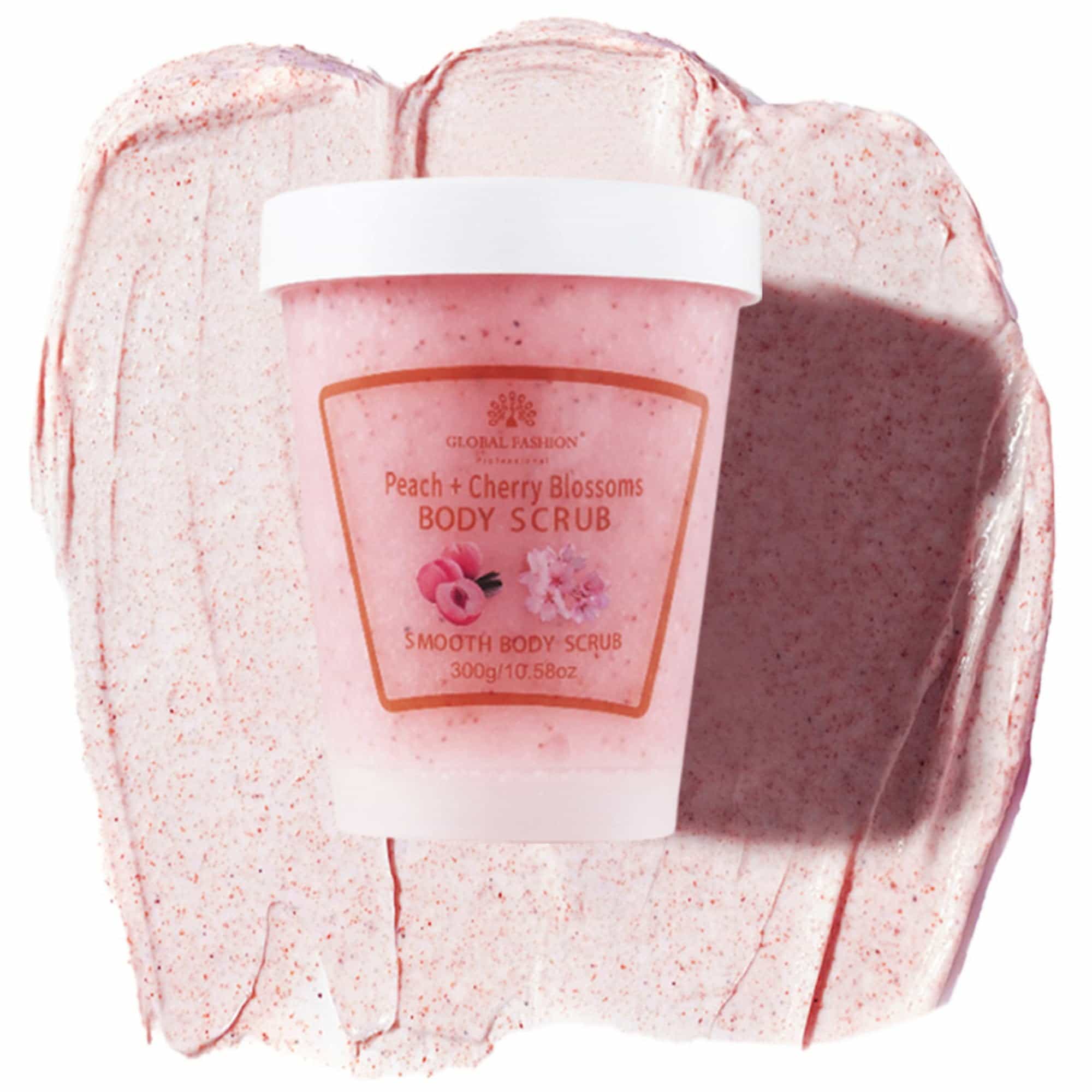 Global Fashion Smooth Body Scrub - Natural Exfoliating & Moisturizing Body Scrub with Collagen & Vitamin E – Deep-Cleansing, Nourishing & Brightening Skin (300 g, Peach + Cherry Bl)