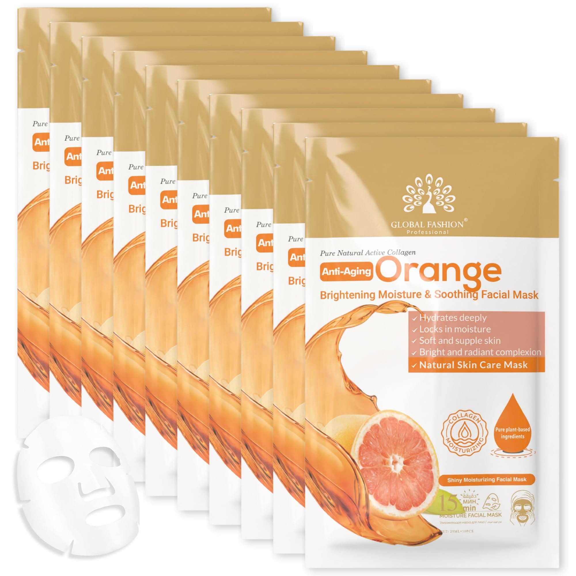 Global Fashion Facial Sheet Mask - 5 Natural Flavours, Hydrating, Anti-Aging, Brightening & Firming - 15 Minute Spa Treatment with Collagen & Hyaluronic Acid (Pack of 10, Orange)