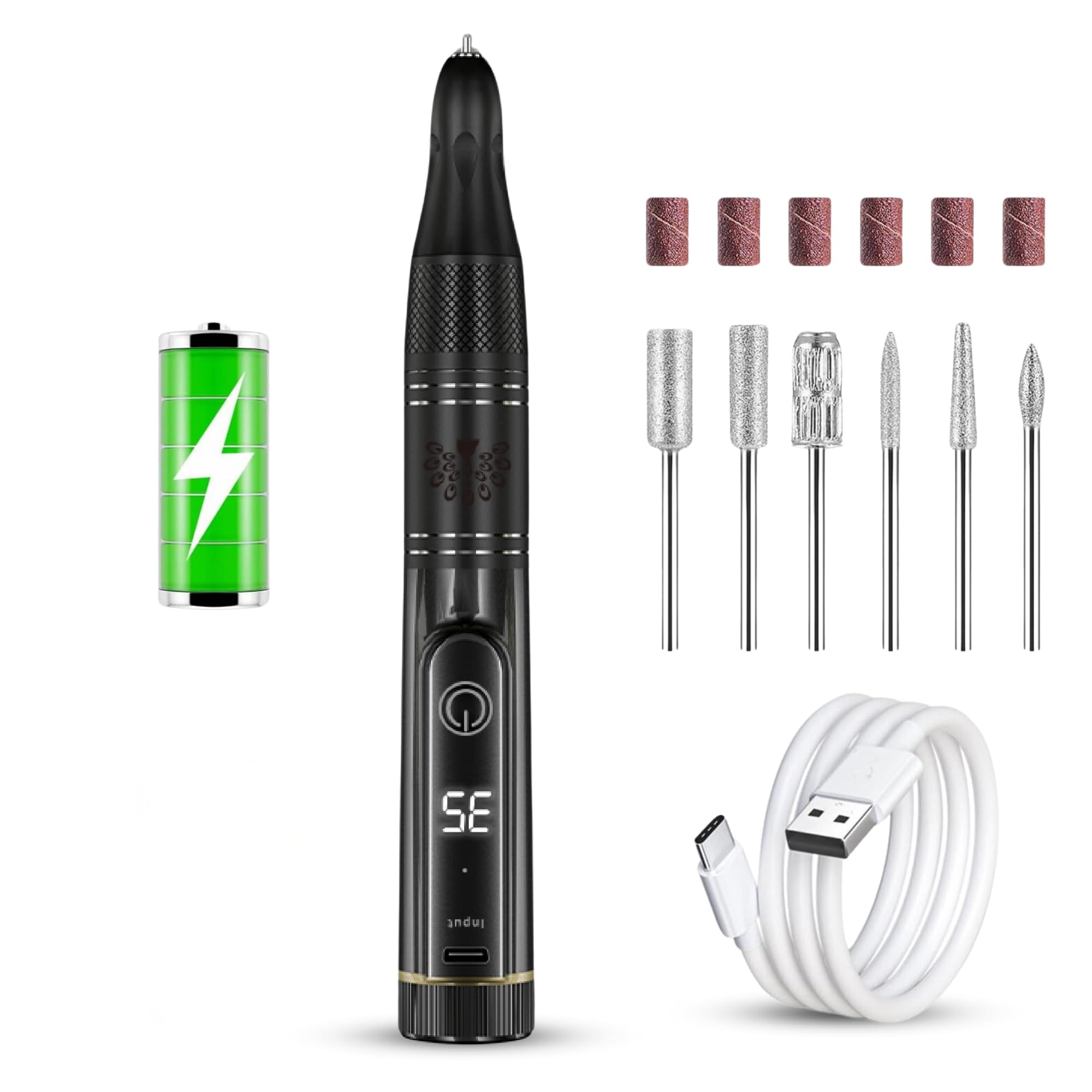 Rechargeable Electric Nail Drill Pen Set - Professional 35,000 RPM Portable E-File for Acrylic, Gel, and Natural Nails, USB Cordless Manicure Tool with Forward/Reverse Function and — Color Black