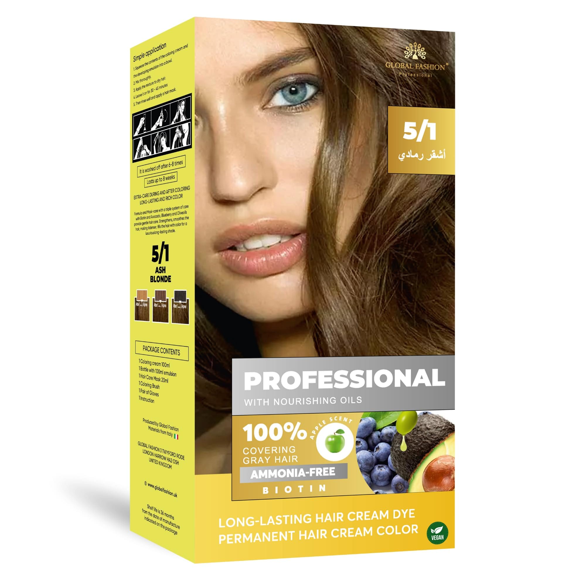 Permanent Hair Color Cream for Women & Men – 100% Grey Coverage, Ammonia-Free, Long-Lasting Hair Dye with Biotin & Nourishing Oils, Vegan Formula, 250ml – (5.1 Ash Blonde, 250ml)
