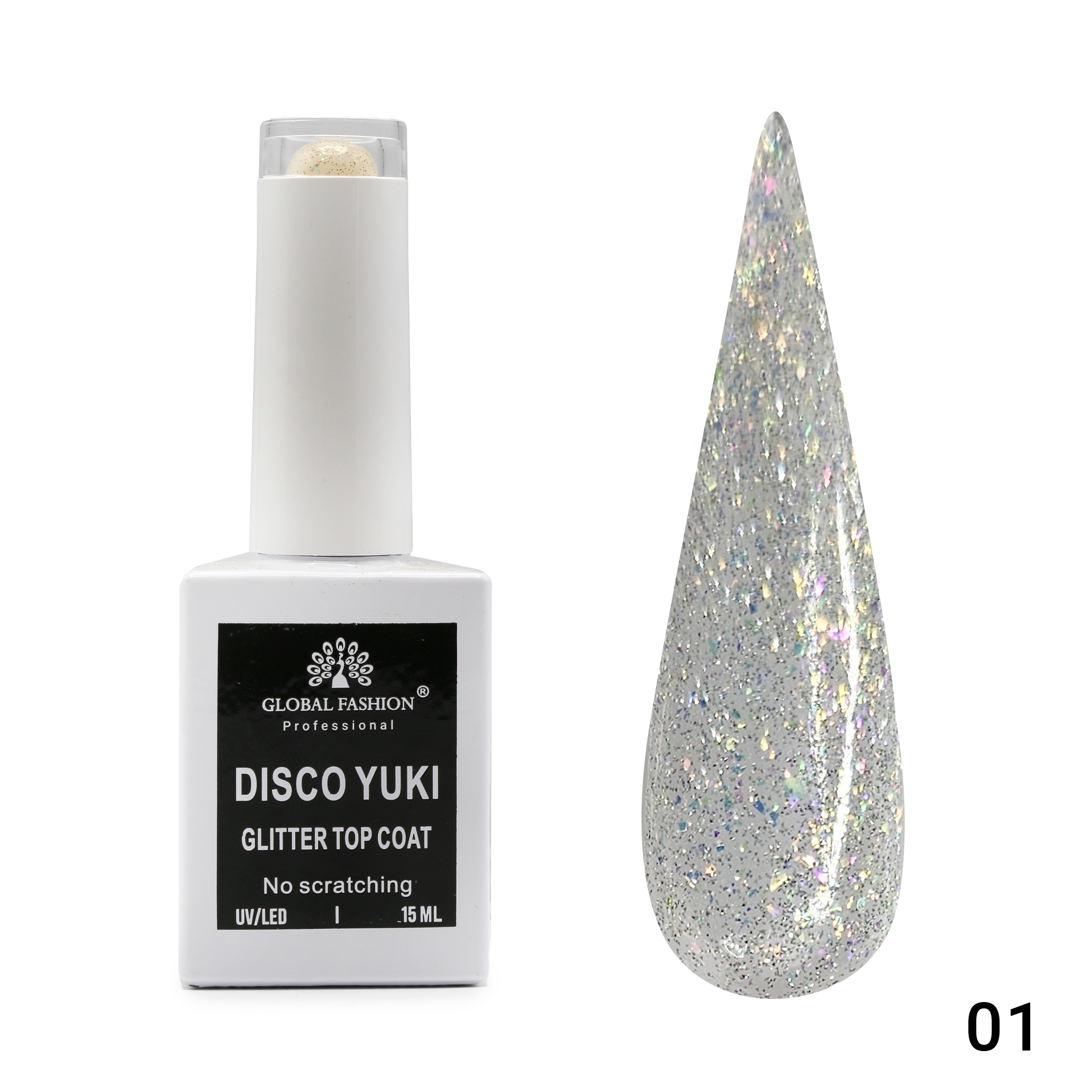 Top Coat Gel No Wipe Disco Yuki 15ml, Shimmering Effect, 15ml | 01