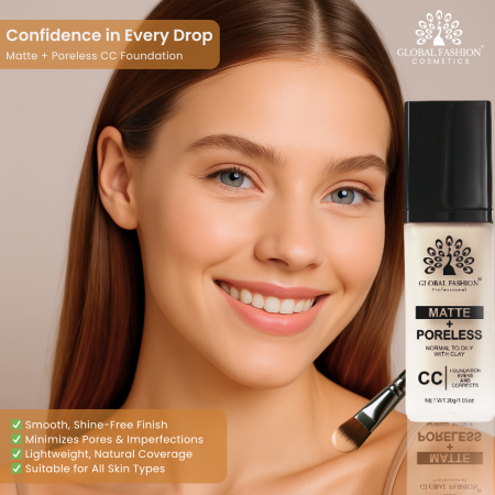 Global Fashion CC foundation close up matte lightweight finish كريم اساس سي سي لقطة مقربة