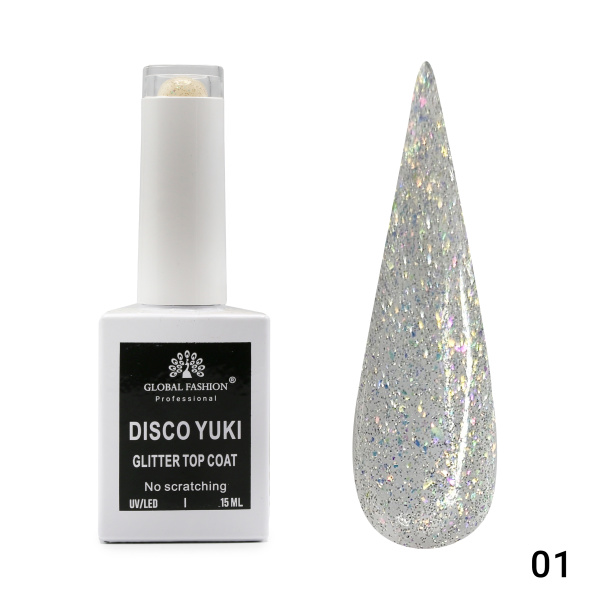 Top Coat Gel No Wipe Disco Yuki 15ml, Shimmering Effect, 15ml | 01