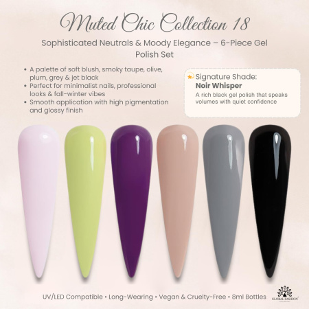 Black Elite Gel Nail Polish Set 6x8ml – UV/LED | Muted Chic Gel Nail Polish Close View High Shine | طلاء اظافر جل
Black Elite Gel Nail Polish Set 6x8ml – UV/LED | Muted Chic Nail Gel Set Detailed View Long Lasting | مناكير جل