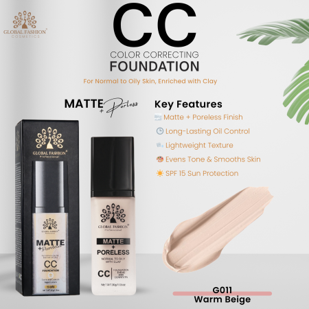 Global Fashion CC foundation close up matte lightweight finish كريم اساس سي سي لقطة مقربة