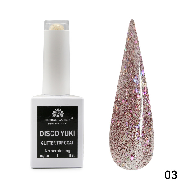 Top Coat Gel No Wipe Disco Yuki 15ml, Shimmering Effect, 15ml | 03