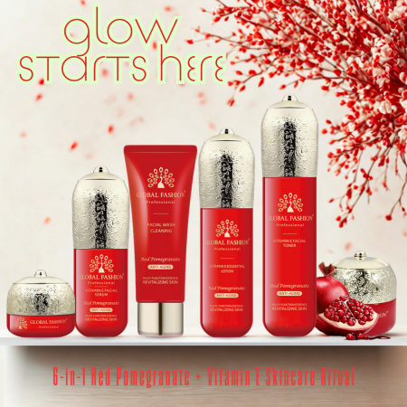 Vitamin E skincare set close up youthful glow finish مجموعة عناية بالبشرة لقطة مقربة
