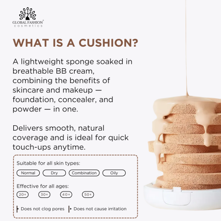 Global Fashion cushion BB cream close up pore minimizing smooth finish كريم اساس كوشن لقطة مقربة