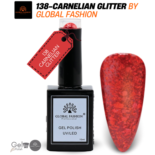 Glitter & Glimmer Nail Polish 15ml UV LED | 138-Carnelian Glitter 1p Glitter Shimmer Gel Nail Polish Bottle 15ml - UV LED Soak Off Nail Color UAE GCC | طلاء أظافر جل
