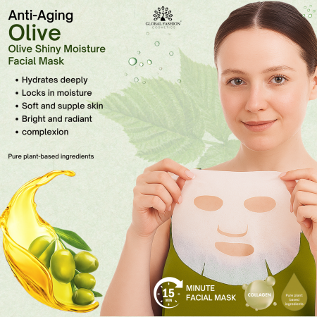 Korean Olive Collagen Facial Sheet Mask Pack of 10 Sheet Mask Close Up - Hydrating Collagen Facial Treatment | ماسك الوجه صورة مقربة