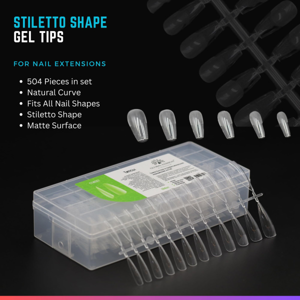 Global Fashion Gel Tips – Clear, French & Natural Nail Extensions 504 Pieces (Stiletto)