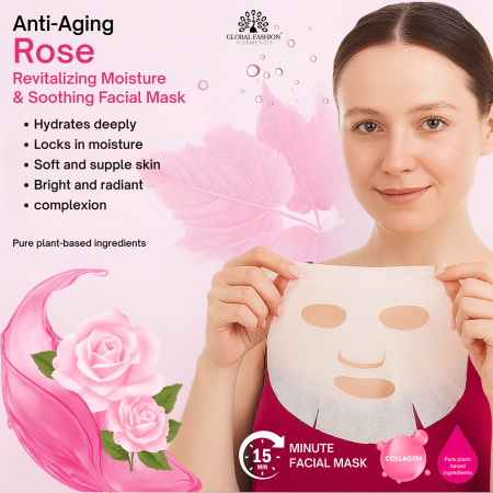 Korean Rose Collagen Facial Sheet Mask Pack of 10 Sheet Mask Close Up - Hydrating Collagen Facial Treatment | ماسك الوجه صورة مقربة