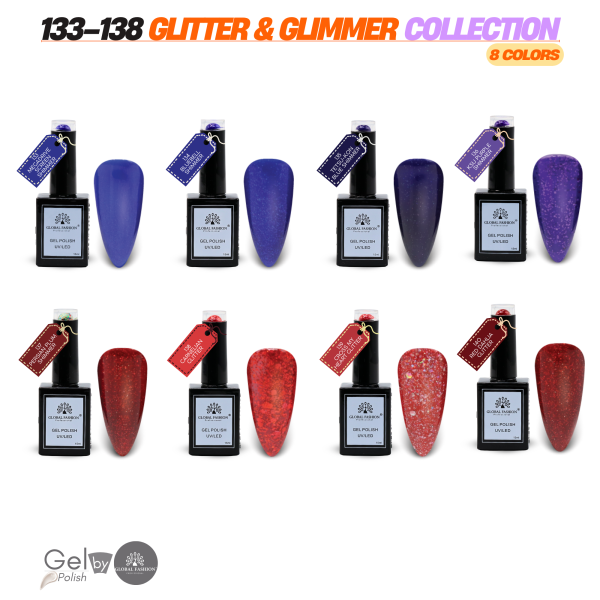 Glitter & Glimmer Gel Nail Polish Collection | 133–140 Glitter & Glimmer 8p Glitter Shimmer Gel Nail Polish Bottle 15ml - UV LED Soak Off Nail Color UAE GCC | طلاء أظافر جل