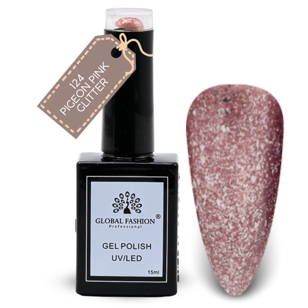 Inky & Indigo Nail Polish 15ml UV LED | 124-Pigeon Pink Glitter 1p Indigo Glitter Gel Nail Polish Bottle 15ml - UV LED Soak Off Nail Color UAE GCC | طلاء أظافر جل بنفسجي