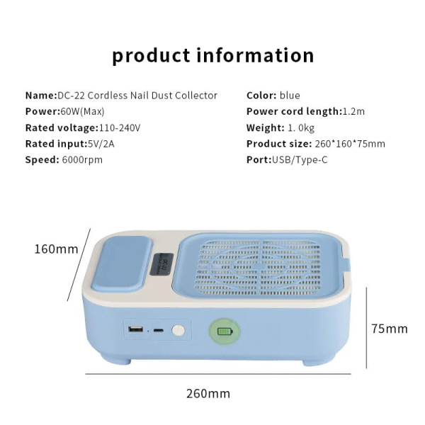 Cordless Nail Dust Collector 60W Portable Vacuum | شفاط غبار اظافر لاسلكي
Rechargeable Nail Dust Extractor Machine | جهاز شفط اظافر