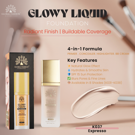Global Fashion foundation close up radiant glow lightweight finish كريم اساس لقطة مقربة بلمعة طبيعية