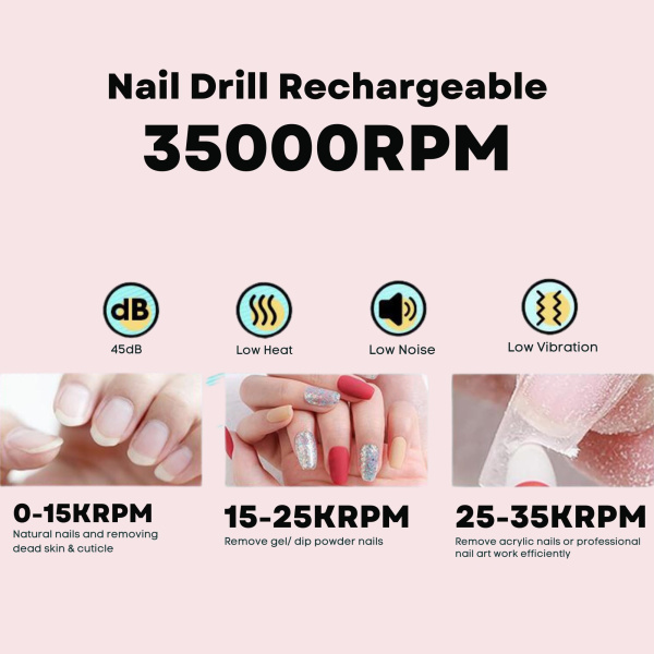 Professional 2-in-1 Nail Drill 35000 RPM – Model 108 | Pink rechargeable electric nail drill 35000 RPM cordless manicure e file tool with drill bits