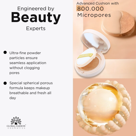 Global Fashion cushion BB cream close up pore minimizing smooth finish كريم اساس كوشن لقطة مقربة