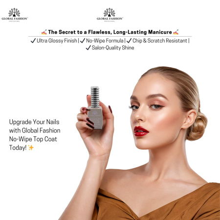 Global Fashion Super Glossy Shiny Top Coat Without UV Filter 12ml – Glossy No Wipe Nail Top Gel
