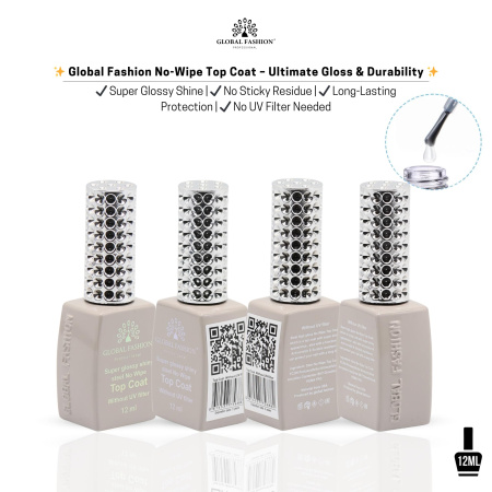Global Fashion Super Glossy Shiny Top Coat Without UV Filter 12ml – Glossy No Wipe Nail Top Gel
