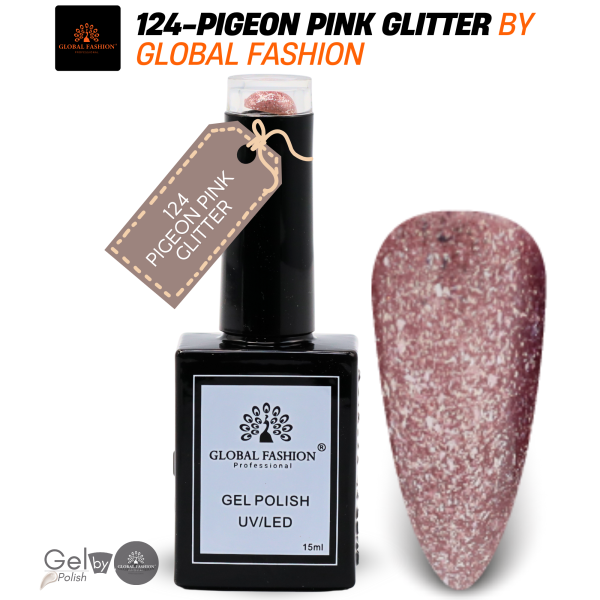 Inky & Indigo Nail Polish 15ml UV LED | 124-Pigeon Pink Glitter 1p Indigo Glitter Gel Nail Polish Bottle 15ml - UV LED Soak Off Nail Color UAE GCC | طلاء أظافر جل بنفسجي