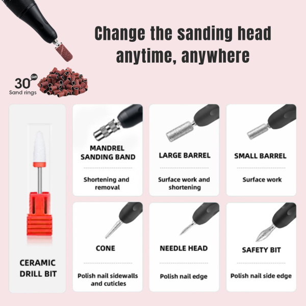 Professional 2-in-1 Nail Drill 35000 RPM – Model 108 | Pink rechargeable electric nail drill 35000 RPM cordless manicure e file tool with drill bits
