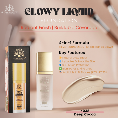 Global Fashion foundation close up radiant glow lightweight finish كريم اساس لقطة مقربة بلمعة طبيعية