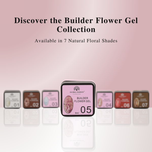 Global Fashion HEMA-Free Builder Flower Gel – Self-Leveling Clear Pink with Real Dried Petals