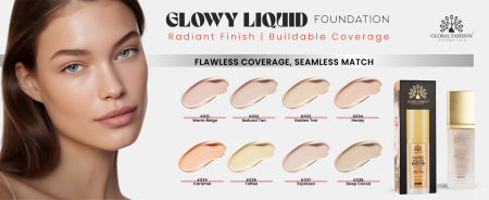 Global Fashion foundation close up radiant glow lightweight finish كريم اساس لقطة مقربة بلمعة طبيعية