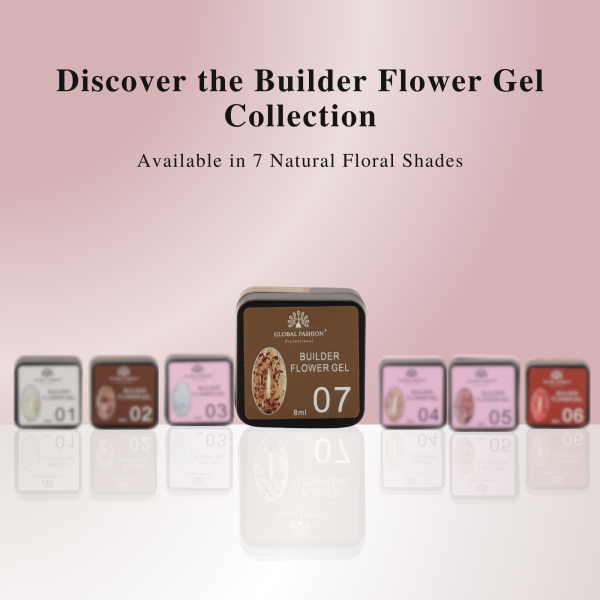 Global Fashion HEMA-Free Builder Flower Gel – Self-Leveling Clear Pink with Real Dried Petals