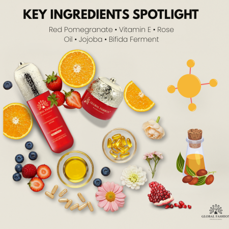 Vitamin E skincare set close up youthful glow finish مجموعة عناية بالبشرة لقطة مقربة
