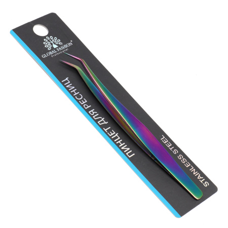 Professional tweezers for eyelashes Global Fashion, curved, chameleon 1