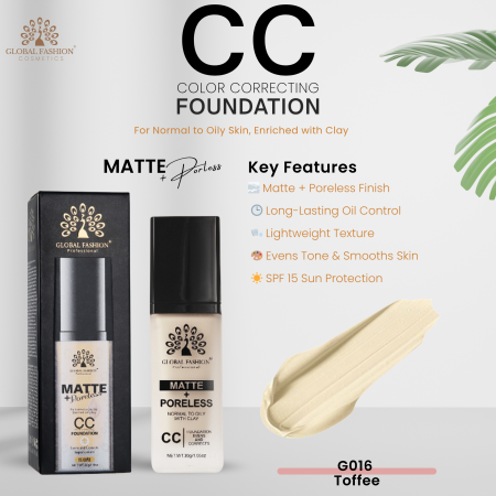 Global Fashion CC foundation close up matte lightweight finish كريم اساس سي سي لقطة مقربة