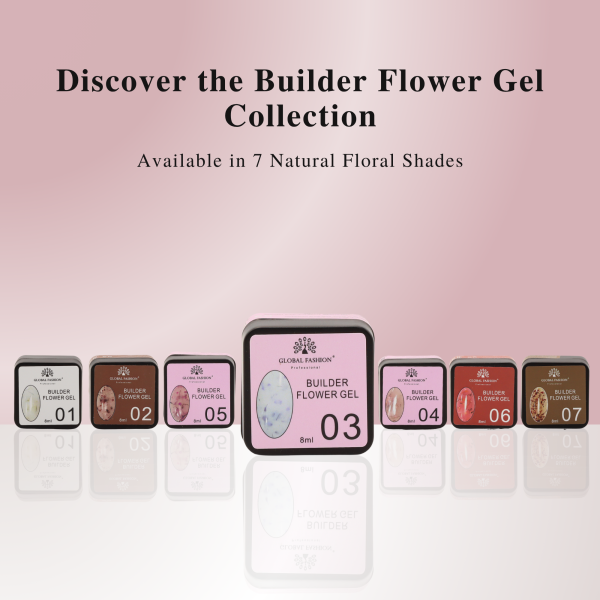 Global Fashion HEMA-Free Builder Flower Gel – Self-Leveling Clear Pink with Real Dried Petals