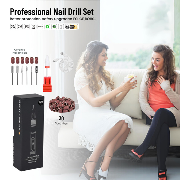 Professional 2-in-1 Nail Drill 35000 RPM – Model 108 | Black rechargeable electric nail drill 35000 RPM cordless manicure e file tool with drill bits