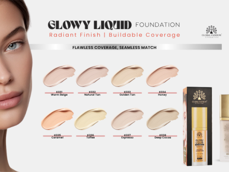 Global Fashion foundation close up radiant glow lightweight finish كريم اساس لقطة مقربة بلمعة طبيعية