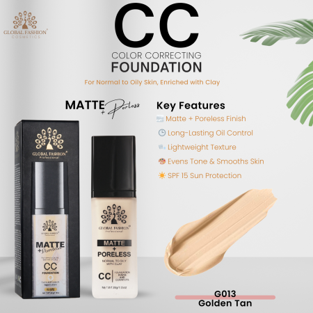 Global Fashion CC foundation close up matte lightweight finish كريم اساس سي سي لقطة مقربة