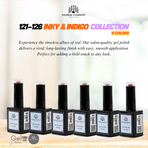 Inky & Indigo Gel Nail Polish Collection | 121–126 Inky & Indigo 6p Indigo Glitter Gel Nail Polish Bottle 15ml - UV LED Soak Off Nail Color UAE GCC | طلاء أظافر جل بنفسجي