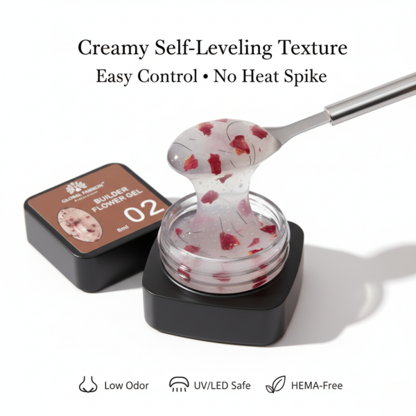 Global Fashion HEMA-Free Builder Flower Gel – Self-Leveling Clear Pink with Real Dried Petals