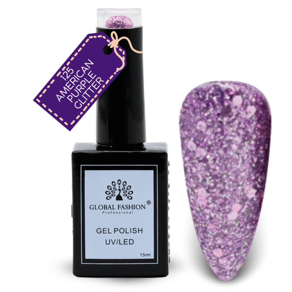 Inky & Indigo Nail Polish 15ml UV LED | 125-American Purple Glitter 1p Indigo Glitter Gel Nail Polish Bottle 15ml - UV LED Soak Off Nail Color UAE GCC | طلاء أظافر جل بنفسجي