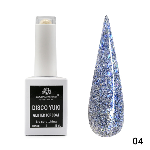 Top Coat Gel No Wipe Disco Yuki 15ml, Shimmering Effect, 15ml | 04