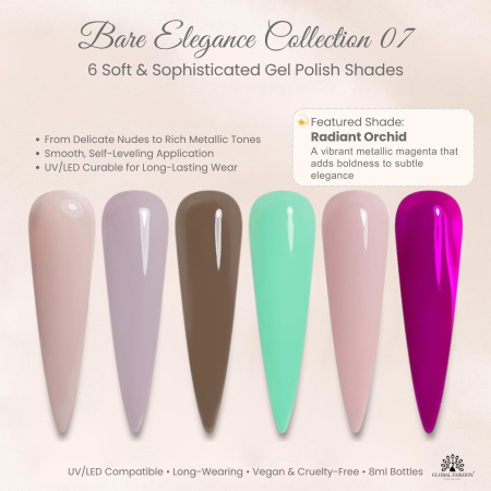 Black Elite Gel Nail Polish Set 6x8ml – UV/LED | Bare Elegance Gel Nail Polish Close View High Shine | طلاء اظافر جل
Black Elite Gel Nail Polish Set 6x8ml – UV/LED | Bare Elegance Nail Gel Set Detailed View Long Lasting | مناكير جل