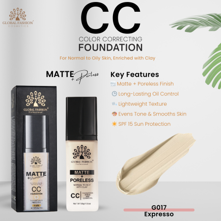 Global Fashion CC foundation close up matte lightweight finish كريم اساس سي سي لقطة مقربة