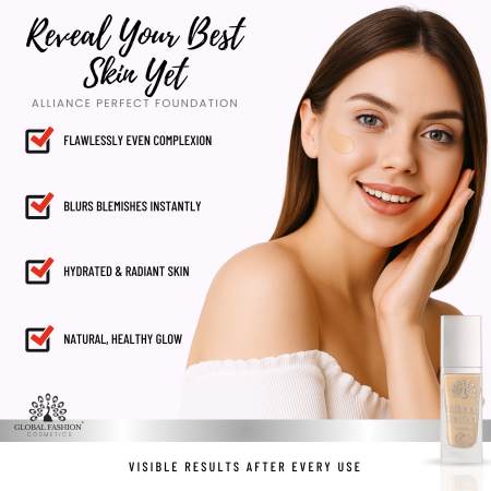 Global Fashion foundation close up seamless blend hydrating finish كريم اساس لقطة مقربة بملمس ناعم