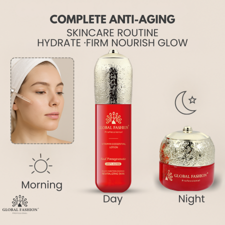 Vitamin E skincare set close up youthful glow finish مجموعة عناية بالبشرة لقطة مقربة

