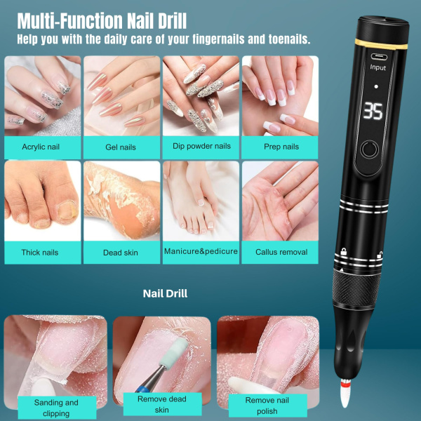 Professional 2-in-1 Nail Drill 35000 RPM – Model 108 | Black rechargeable electric nail drill 35000 RPM cordless manicure e file tool with drill bits